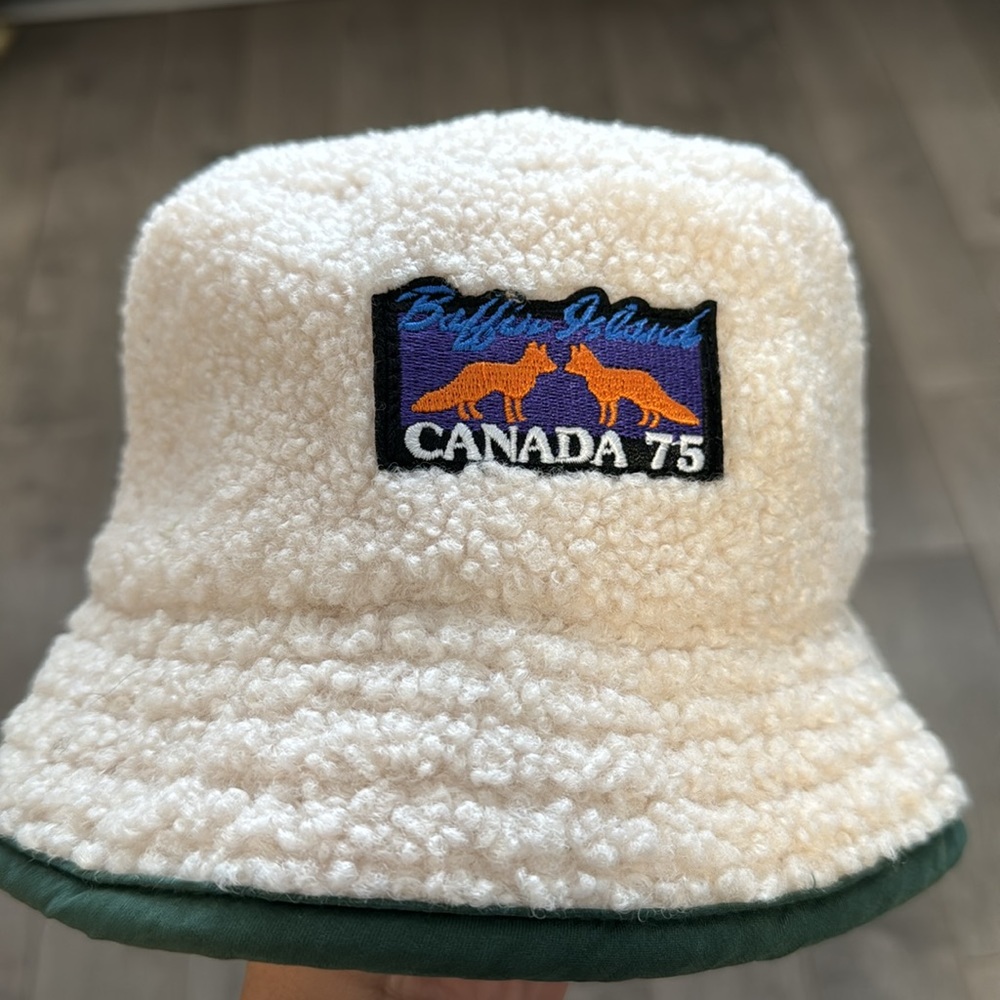 Zara Cream Sherpa Bucket Hat with Green Brim and Multicolor Canada Patch